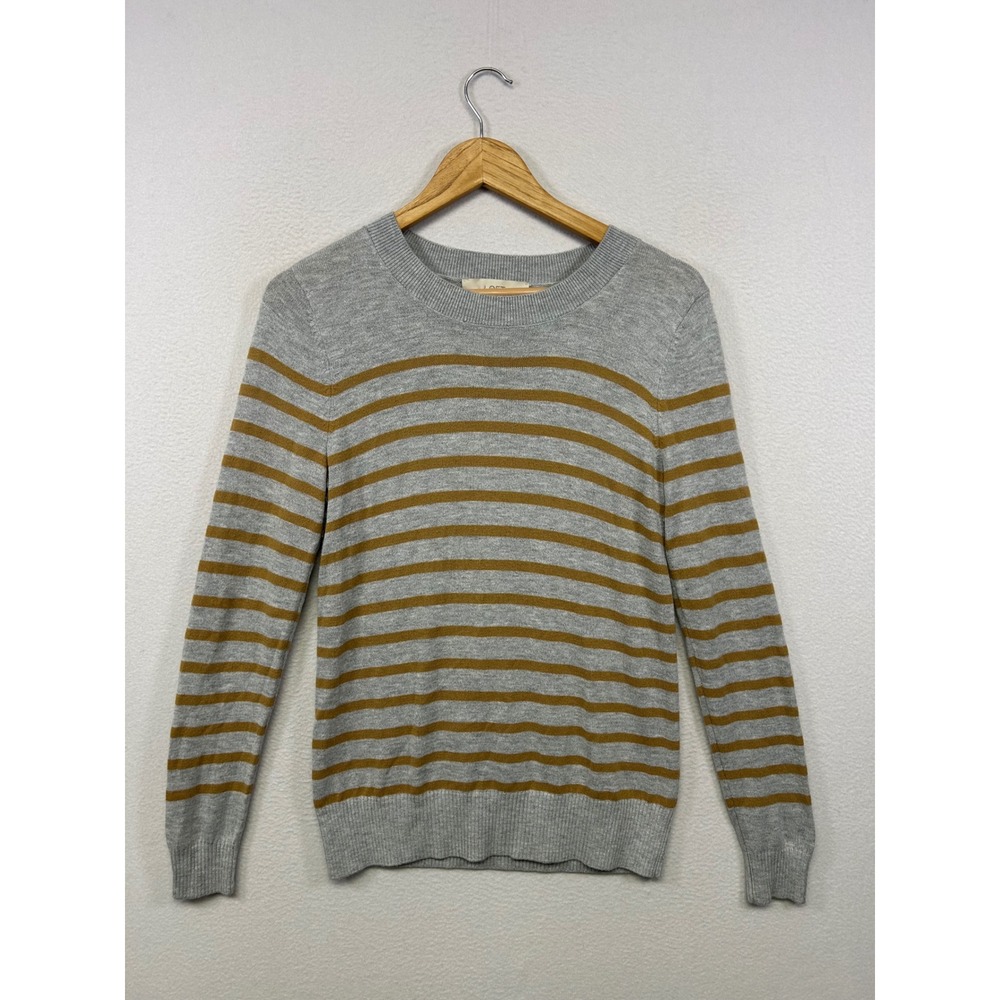 LOFT Preppy Academia Womens Medium Grey‎ Mustard Striped Crewneck Sweater